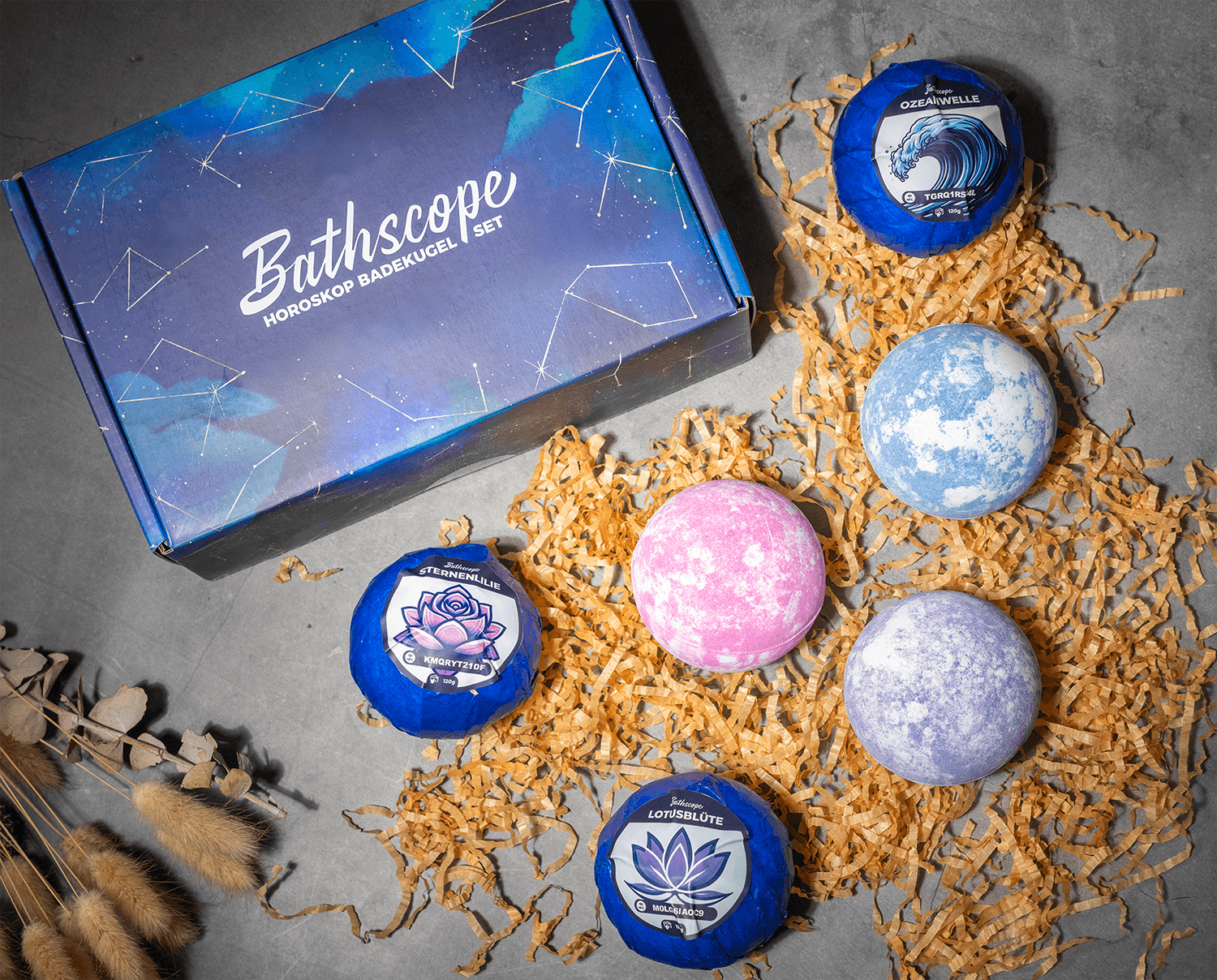 Bathscope Badekugel-Set stimmungsvoll präsentiert